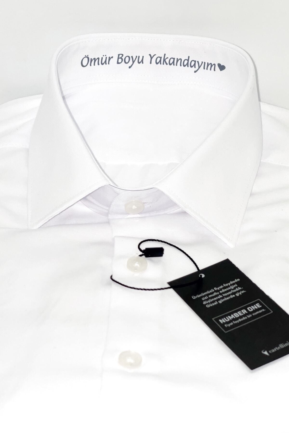 Ömür Boyu Yakandayım Baskılı Erkek Beyaz Slim Fit Gömlek