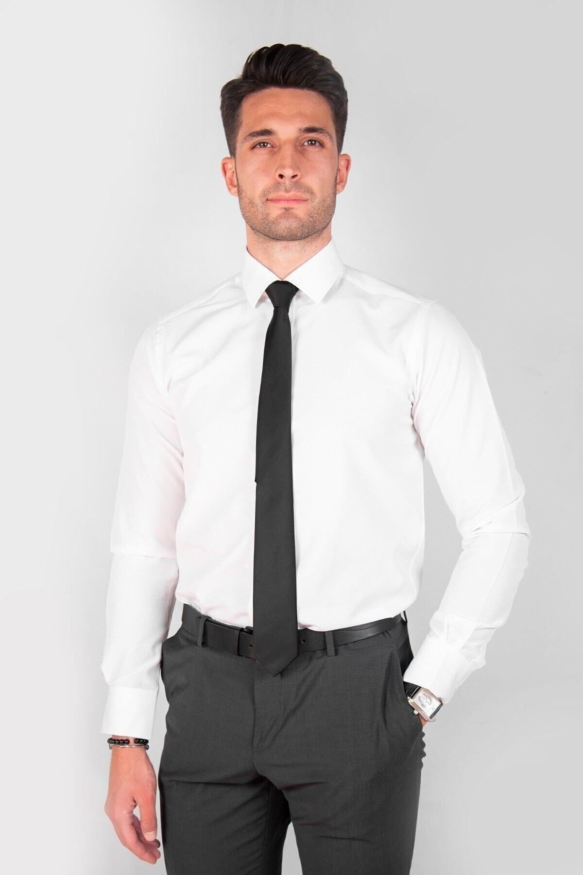 Ömür Boyu Yakandayım Baskılı Erkek Beyaz Slim Fit Gömlek