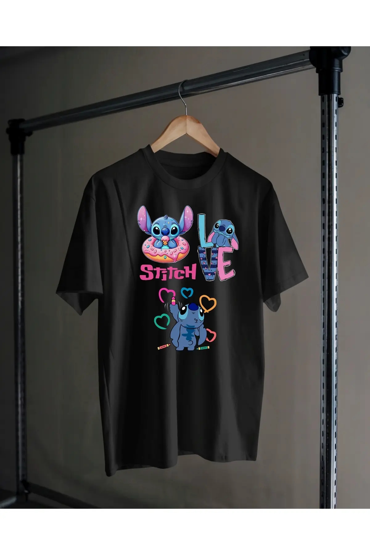 Bisiklet Yaka Pamuklu Stitch Baskılı Kısa Kollu Çocuk Ve Genç Tişört