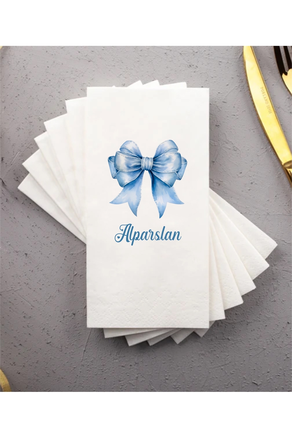 Mavi Kurdele Fiyonk Baskılı Peçete İsme Özel Doğum Günü , Baby Shower Sunum Peçetesi 20 ADET