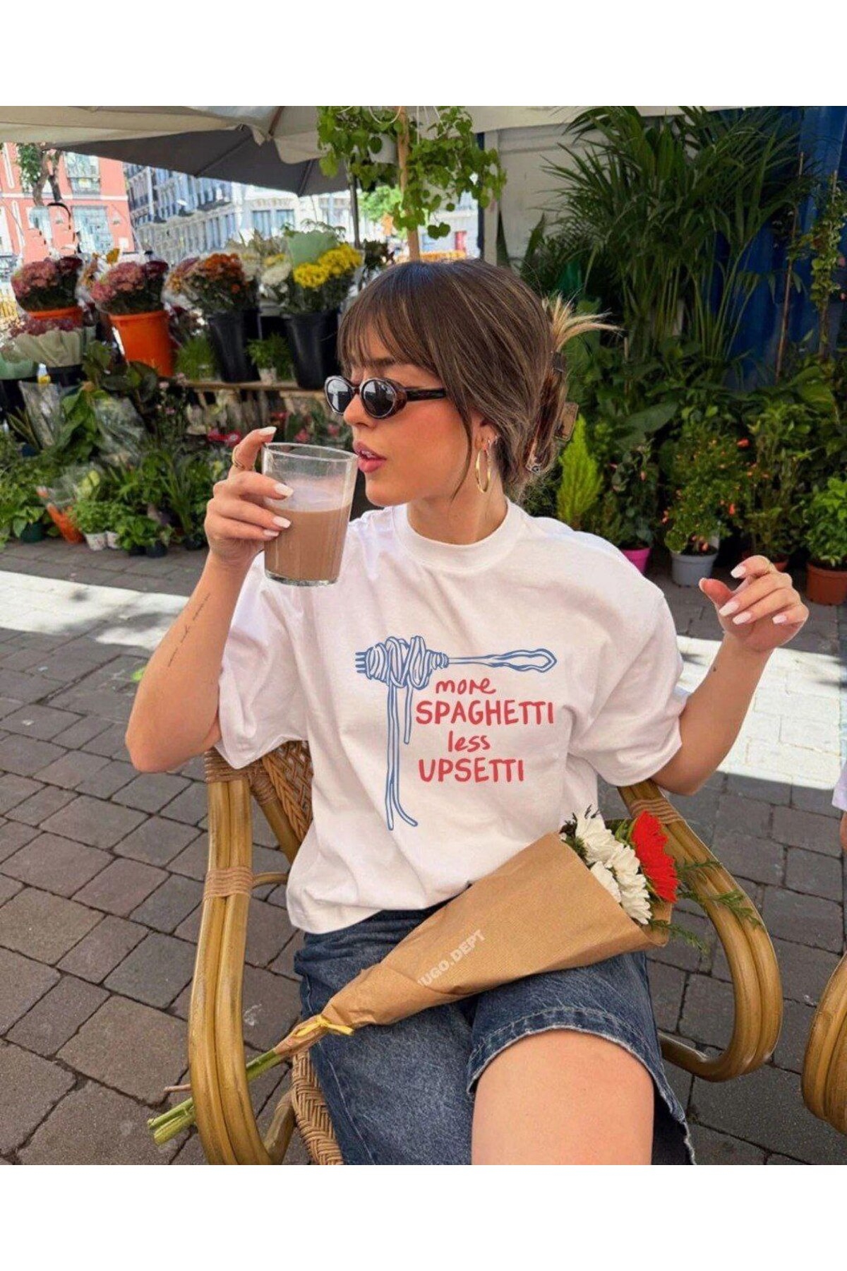 Spagetti Baskılı Oversize T-shirt