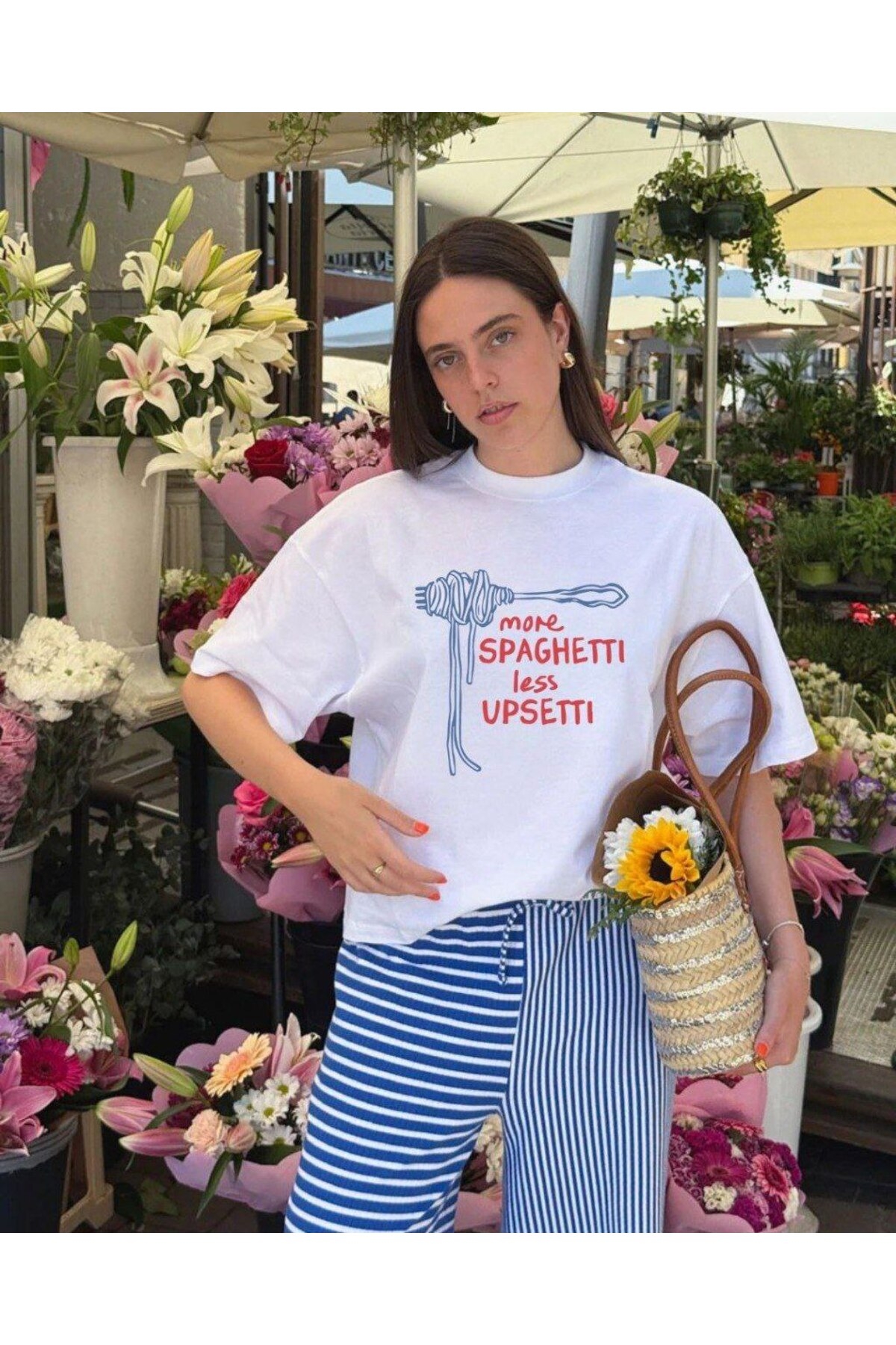 Spagetti Baskılı Oversize T-shirt