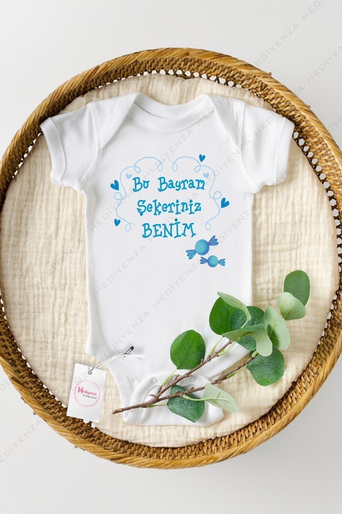 Bayram Şekeriniz Benim Baskılı Bebek Body & Zıbın- Mavi