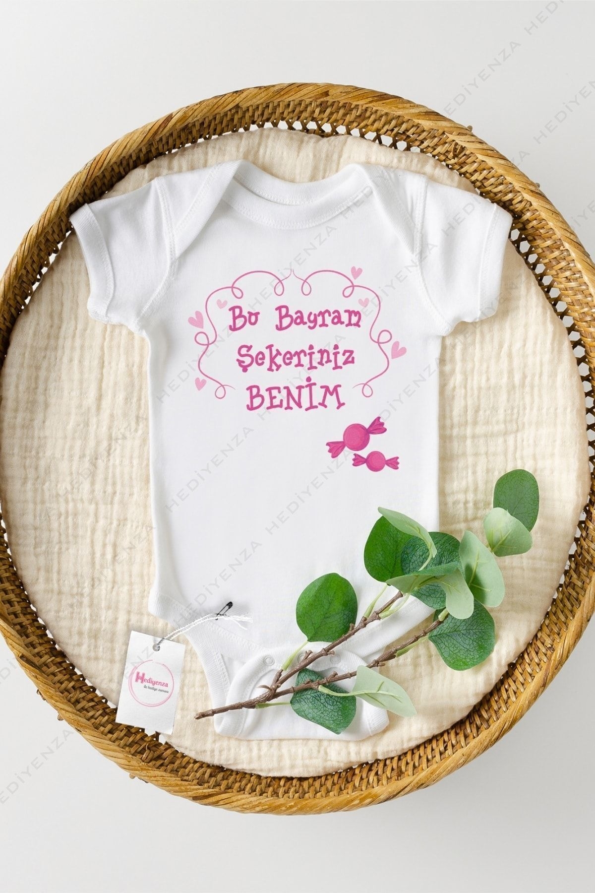 Bayram Şekeriniz Benim Baskılı Bebek Body & Zıbın- Pembe