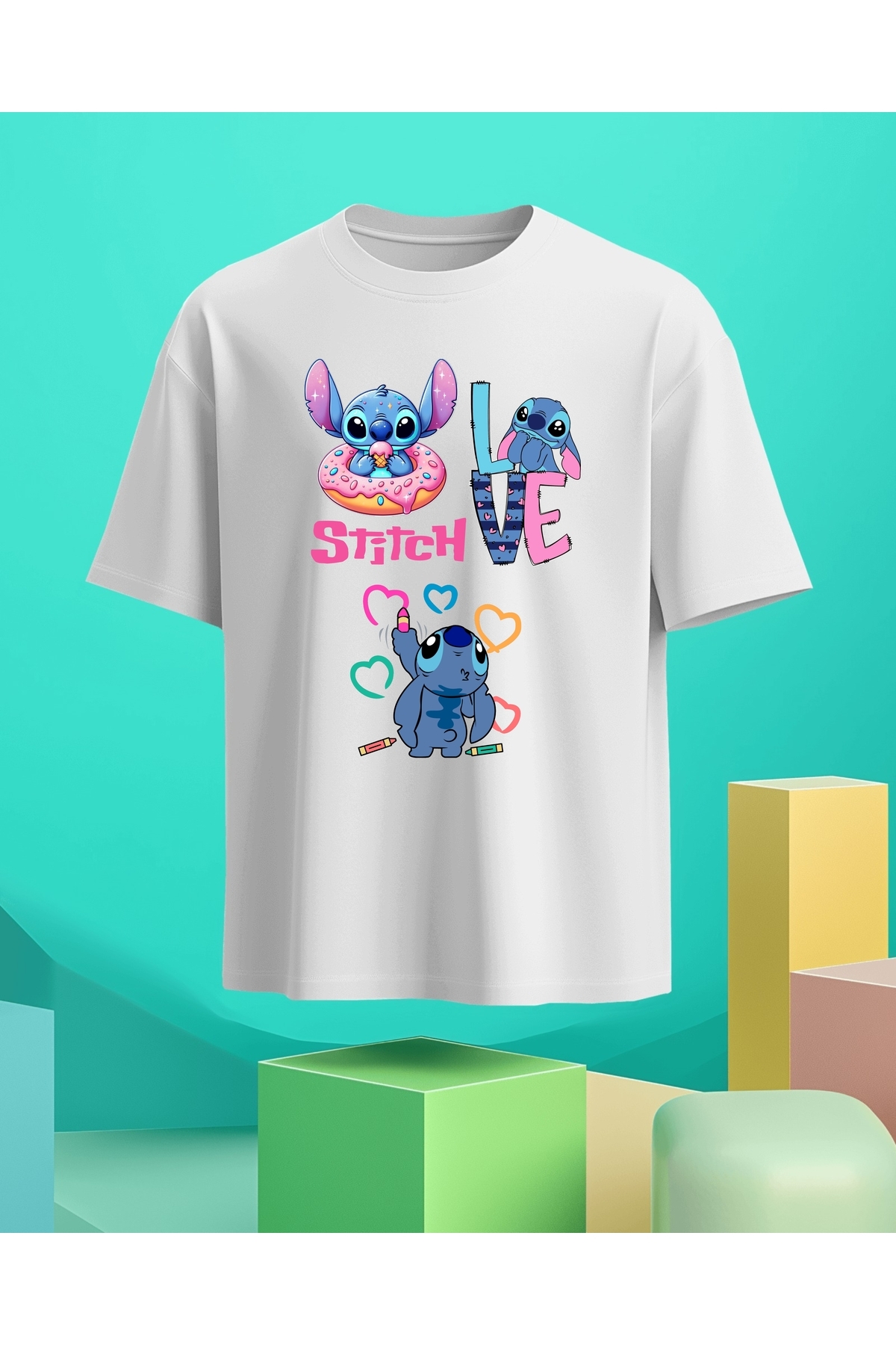 Bisiklet Yaka Pamuklu Stitch Baskılı Kısa Kollu Çocuk Ve Genç Tişört