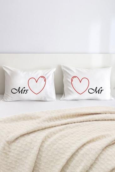 Mr And Mrs Baskılı Yazılı Çift Kişilik Dekoratif Yastık Kılıfı 50x70 Cm - Beyaz