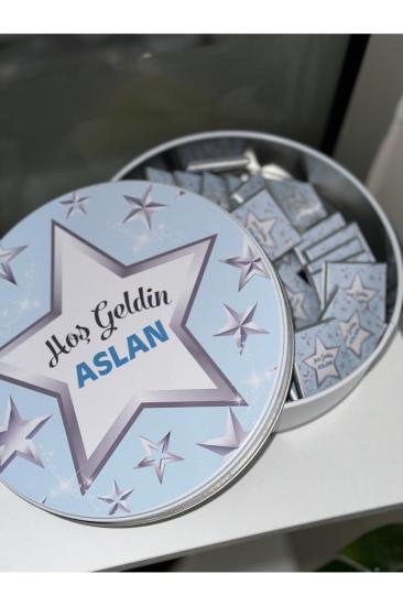 Metal Kutuda 40 Adet Pelit Valonia Hoşgeldin Bebek Çikolatası Parlak Yıldızlar