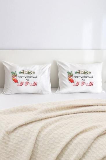 Christmas Mr And Mrs Baskılı Yazılı Çift Kişilik Dekoratif Yastık Kılıfı 50x70 Cm - Beyaz