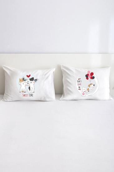 Sevimli Kediler Çift Kişilik Dekoratif Yastık Kılıfı 50x70 Cm - Beyaz