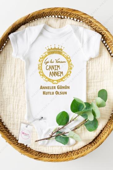 Bebek Beyaz Anneler Günü Gold Baskılı Yarım Kollu Bebek Body
