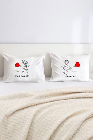 Ben Seninle Tamamım Aşk Baskılı Yazılı Çift Kişilik Dekoratif Yastık Kılıfı 50x70 Cm - Beyaz