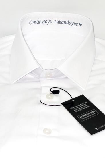 Ömür Boyu Yakandayım Baskılı Erkek Beyaz Slim Fit Gömlek