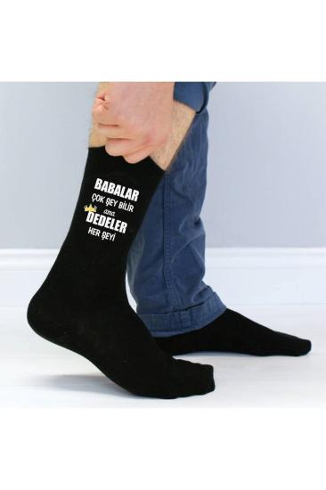 Dedeler Her Şeyi Bilir Baskılı Siyah Erkek Soket Çorap Babalar Günühediye