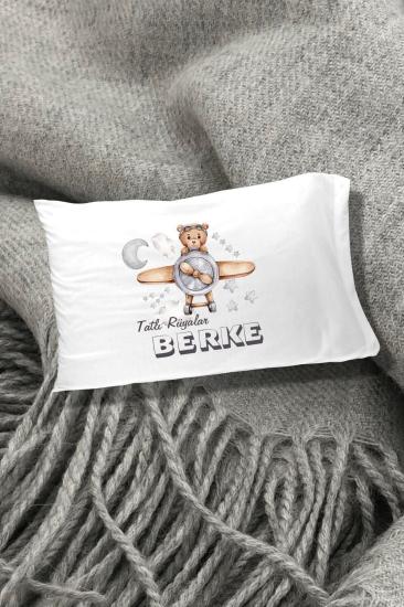 Pilot Sevimli Ayıcık Baskılı Yazılı Dekoratif Çocuk Yastık Kılıfı 50x70 Cm 1 Adet - Beyaz