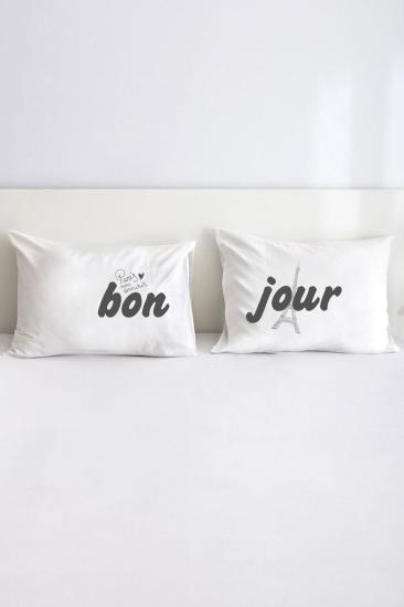 Bonjour Paris Çift Kişilik Dekoratif Yastık Kılıfı 50x70 Cm - Beyaz