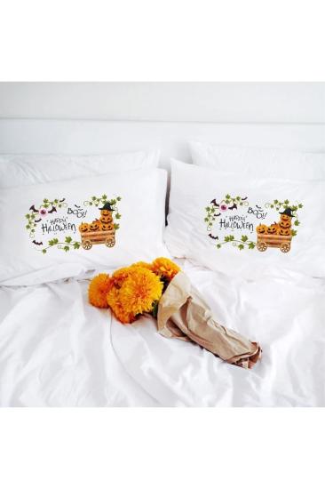 Happy Halloween - Pumpkin - Sonbahar Çift Kişilik Dekoratif Yastık Kılıfı 50x70 Cm - Beyaz