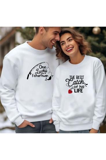 Sevgili Kombini Lucky Fisherman Baskılı Sevgililer Günü Hediyesi Sweatshirt Yetişkin