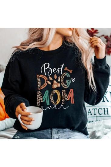 Best Dog Mom Baskılı Oversize Bisiklet Yaka Sweatshirt Unisex Yetişkin Kalın Kumaş