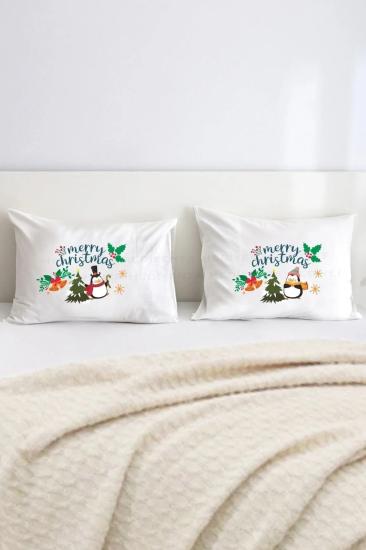 Yeni Yıl Mery Christmas Penguenler Çift Kişilik Dekoratif Yastık Kılıfı 50x70 Cm - Kırmızı