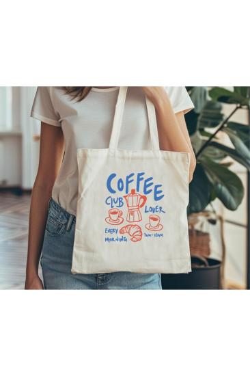 Coffee Lover Clup Baskılı Bez Çanta , Omuz Çantası, Tote Bag 1 Adet
