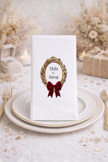 Kişiye Özel Düğün Nişan Söz Vintage Kurdele Baskılı 20 adet peçete