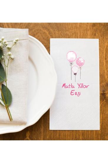 İsme Özel Doğum Günü Pembe Balonlar Sunum Peçetesi 20 ADET