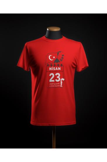 23 Nisan Bayram Takvimi Atatürk T-shirt , Çocuk Bayramı Baskılı Çocuk Kısa Kollu Kırmızı T-shirt