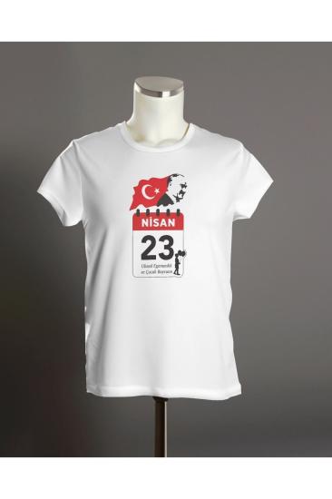 23 Nisan Bayram Takvimi Atatürk T-shirt , Çocuk Bayramı Baskılı Çocuk Kısa Kollu Beyaz T-shirt