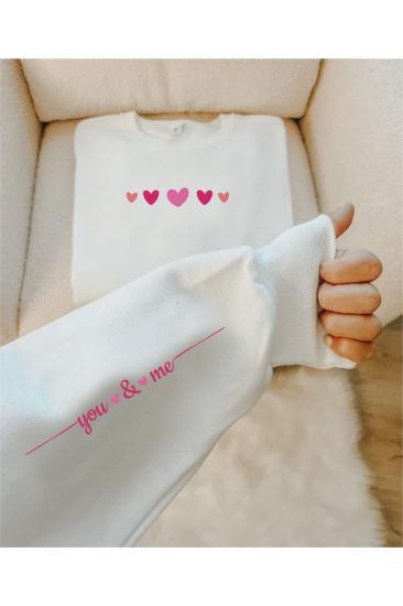 PEMBE KALPLER KOL DETAYLI PİNTEREST SWEATSHIRT (SEVGİLİLER GÜNÜ HEDİYESİ) Kalın Kumaş