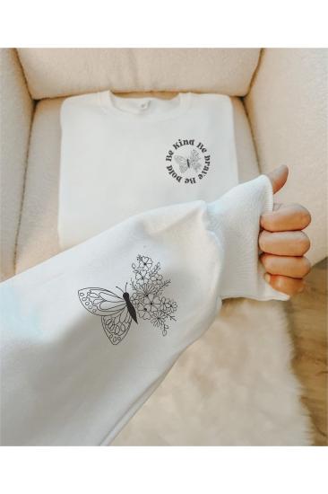 Butterfly Beyaz Sweatshirt Unisex Yetişkin 3 Iplik Kalın Kumaş