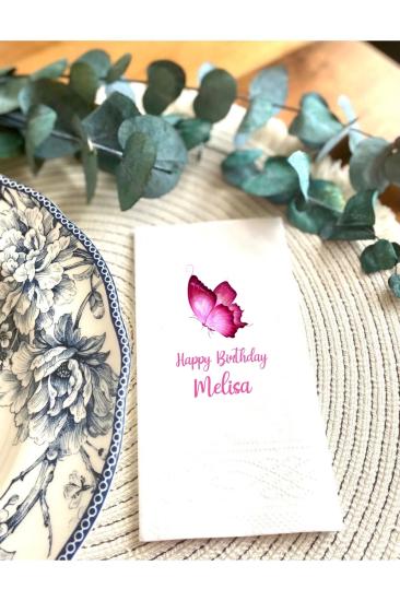 Pembe Kelebek Baskılı Peçete İsme Özel Doğum Günü Happy Birthday Peçetesi 20 ADET