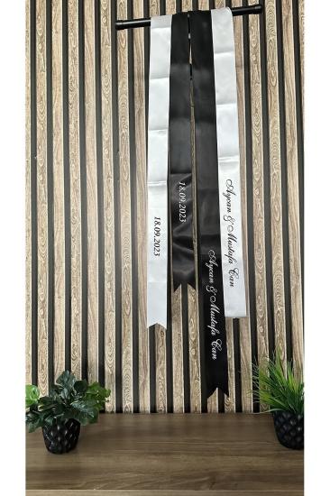 Nişan Düğün Gelin Damat Takı Kurdelesi Tören Kurdelesi Saten Siyah & Beyaz Kurdele 2 Mt