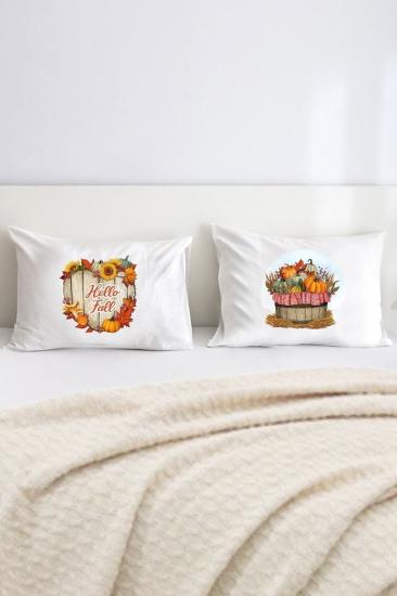 Hello Autumn - Fall - Pumpkin - Sonbahar Çift Kişilik Dekoratif Yastık Kılıfı 50x70 Cm - Beyaz