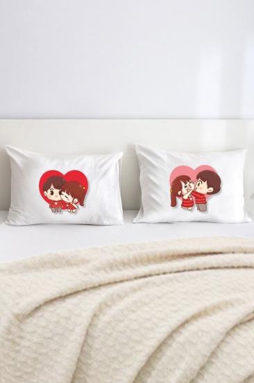 Sevimli Çift - Çift Kişilik Dekoratif Yastık Kılıfı 50x70 Cm - Beyaz