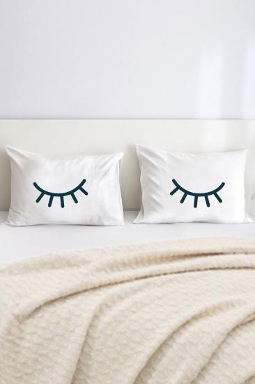 Göz Kırpan Çift Kişilik Dekoratif Yastık Kılıfı 50x70 Cm - Beyaz