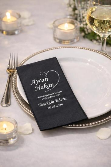 Siyah Baskılı Kalp Söz Düğün Nişan Peçetesi Sunum Peçetesi 0019 20 Adet
