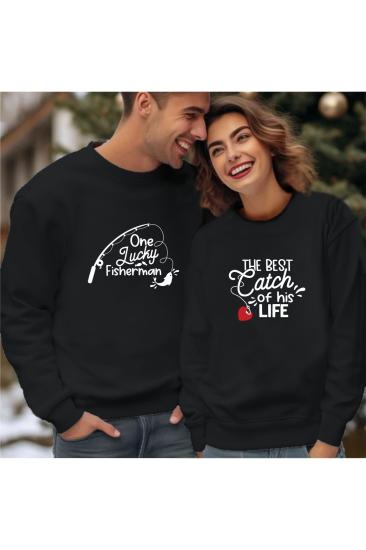 Sevgili Kombini Lucky Fisherman Baskılı Sevgililer Günü Hediyesi Sweatshirt Yetişkin