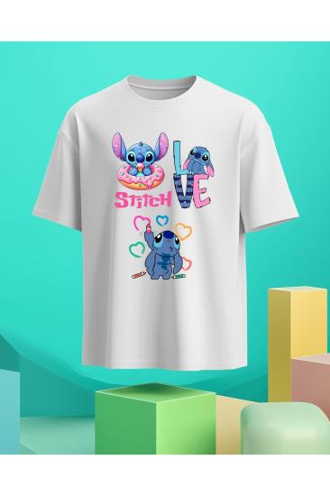 Bisiklet Yaka Pamuklu Stitch Baskılı Kısa Kollu Çocuk Ve Genç Tişört