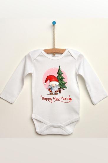 Gnome Yeni Yıl Yılbaşı Happy New Year Baskılı Uzun Kollu Bebek Body & Zıbın
