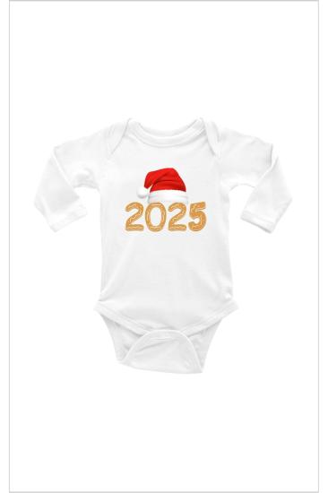 2024 Baskılı Noel Baba Şapkalı Uzun Kollu Bebek Body Zıbın