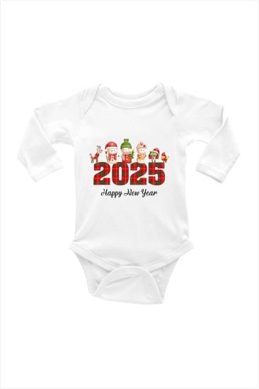 2025 Ekose Yeni Yıl Yılbaşı Kardan Adam Baskılı Uzun Kollu Bebek Body & Zıbın