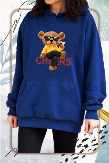 Kadın Lacivert Cheers Teddy Bear Ayıcık Baskılı Sweatshirt Kapüşonlu Şardonlu Kalın Sweatshirt