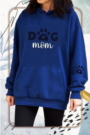 Kadın Lacivert Dog Mom Baskılı Sweatshirt Kapüşonlu Şardonlu Kalın Sweatshirt