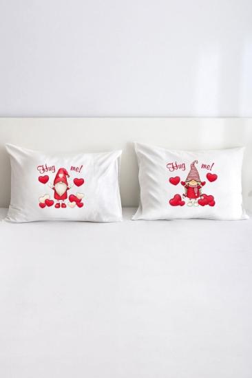 Happy Valantine Gnome Hug Me Baskılı Yazılı Çift Kişilik Dekoratif Yastık Kılıfı 50x70 Cm - Beyaz